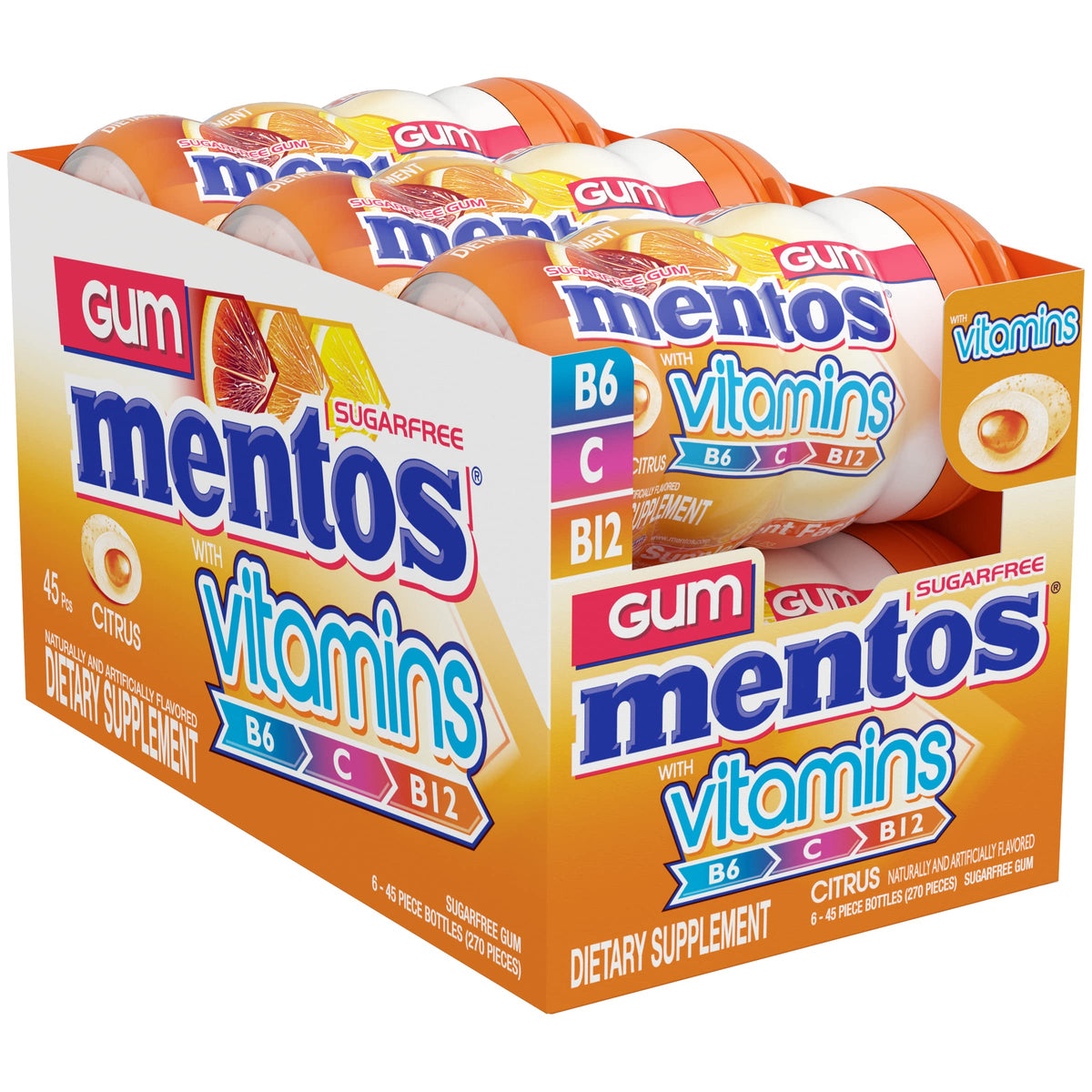 Mentos Vitamins Gum Citrus bottle close-up conveys refreshing aroma