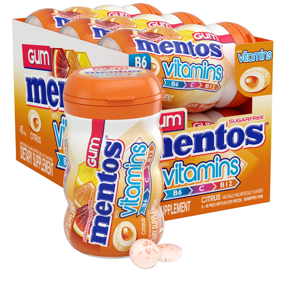 Mentos Vitamins Gum Citrus bottle offers sugar-free freshness with xylitol