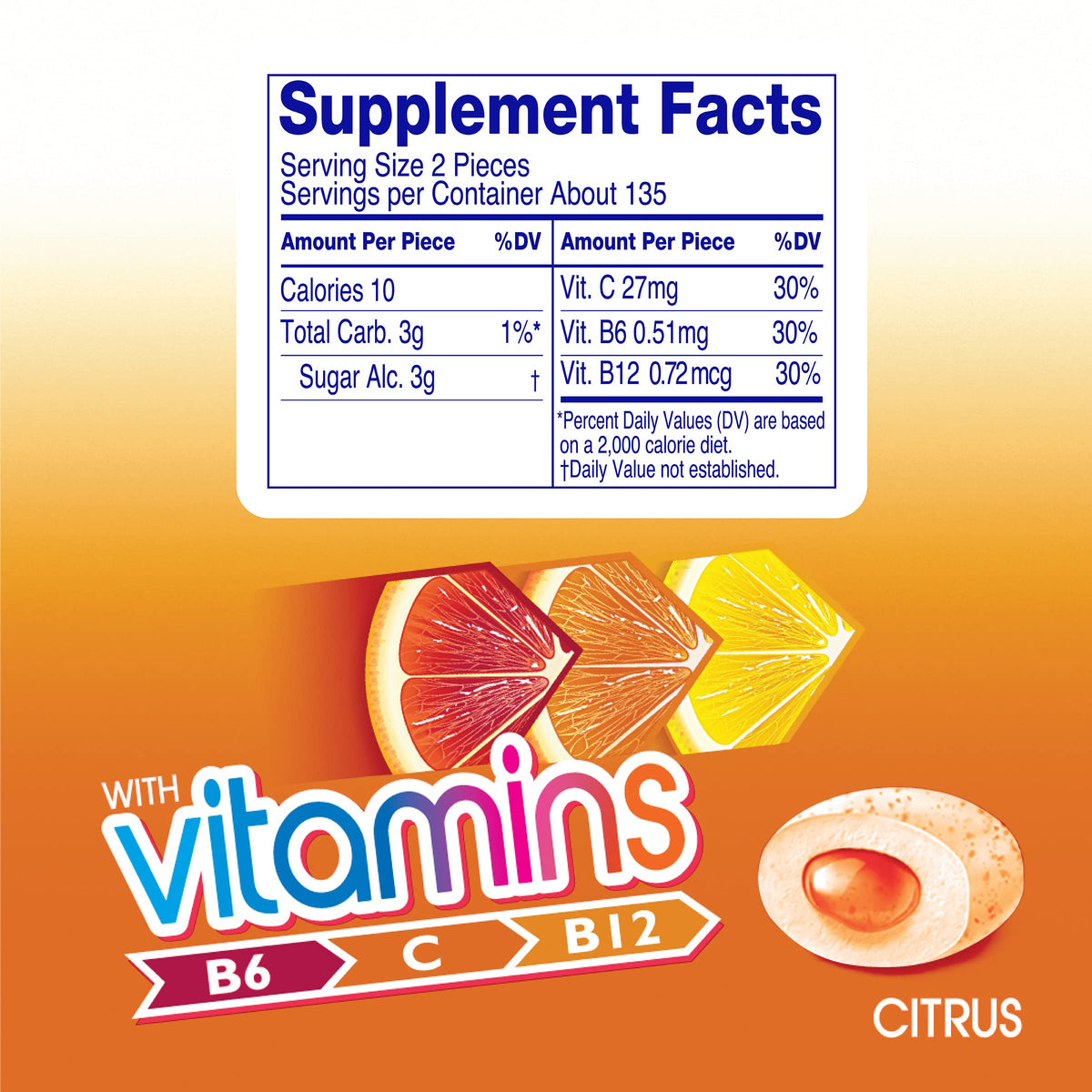 Mentos Vitamins Gum Citrus nutrition-label notes vitamins and sugar-free formula