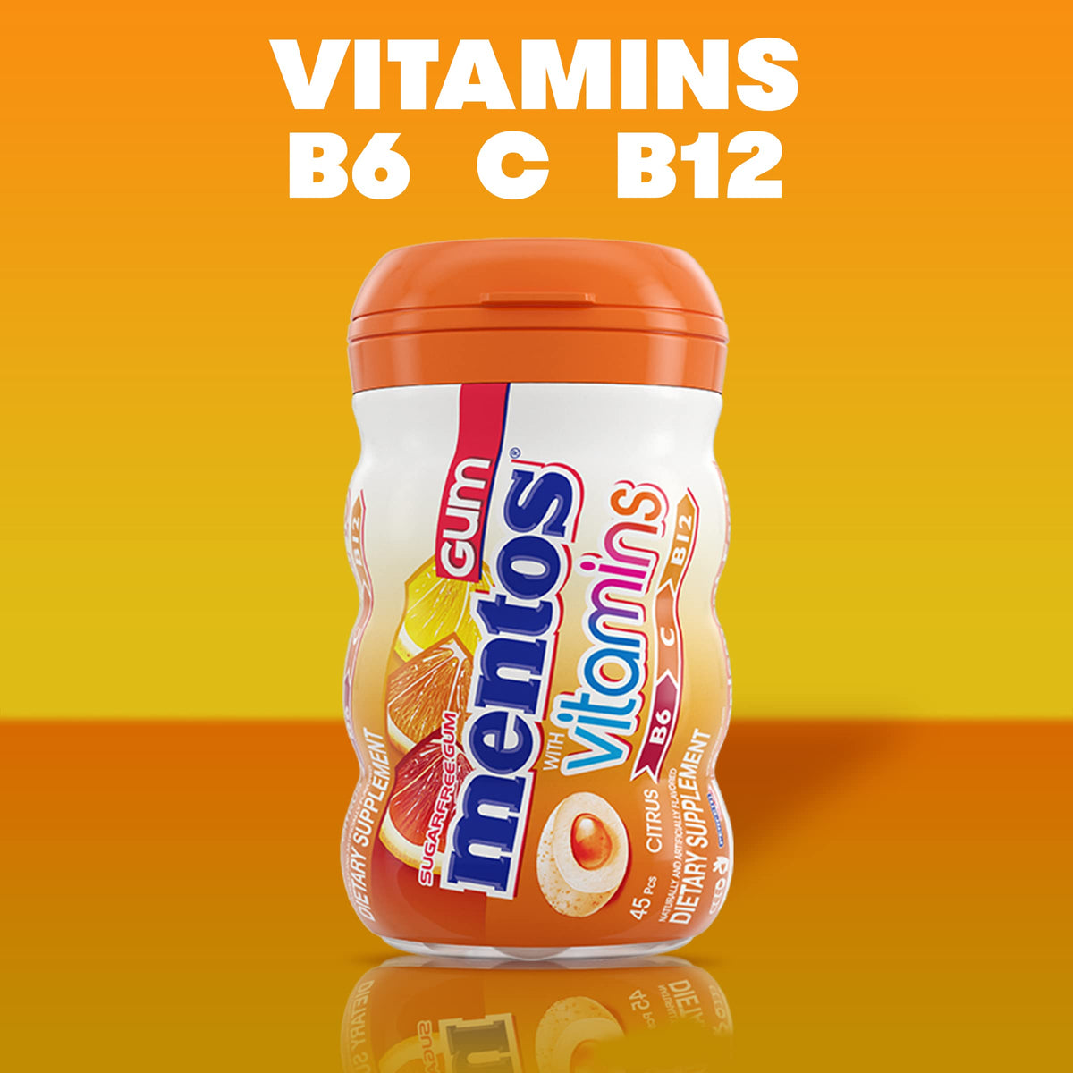 Mentos Vitamins Gum Citrus pack-open highlights convenient six-bottle access
