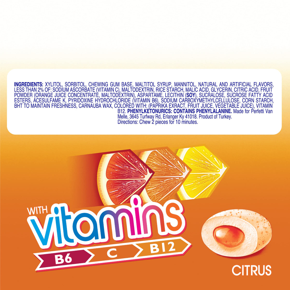 Mentos Vitamins Gum Citrus xylitol-granules hint at tooth-friendly sweetness