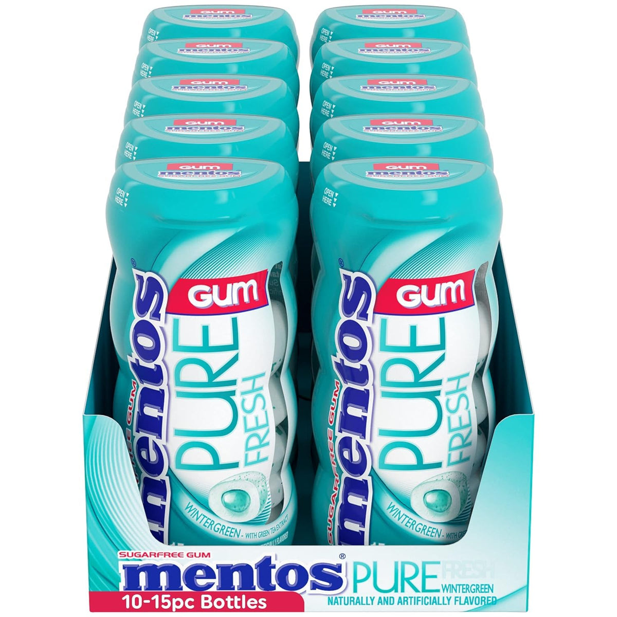 MENTOS Wintergreen gum pieces inside a transparent bottle for quick refreshment