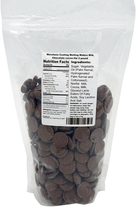 Merckens Cocoa Lite wafers close-up, silky milk chocolate ideal for coating.