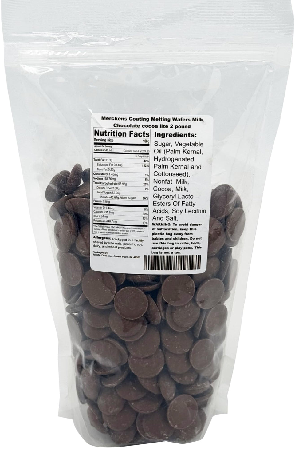 Merckens Cocoa Lite wafers close-up, silky milk chocolate ideal for coating.