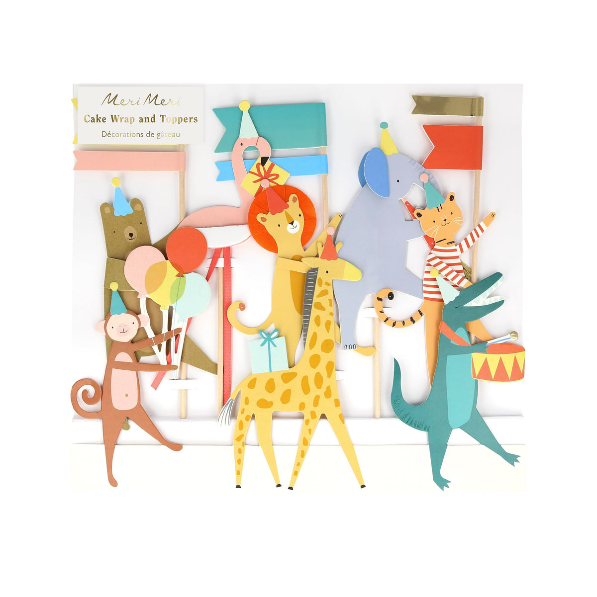 Meri Meri Animal Parade toppers with tissue and foil decorations for festive cakes.