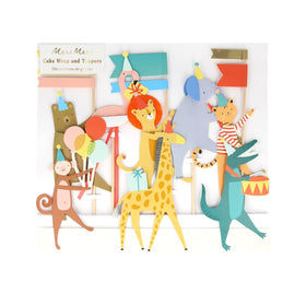 Meri Meri Animal Parade toppers with tissue and foil decorations for festive cakes.