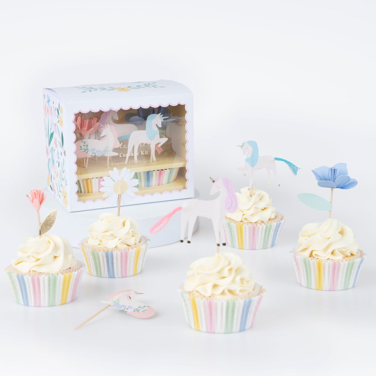 Meri Meri Meadow Unicorns Cupcake Kit 3D flower toppers add elegant accents