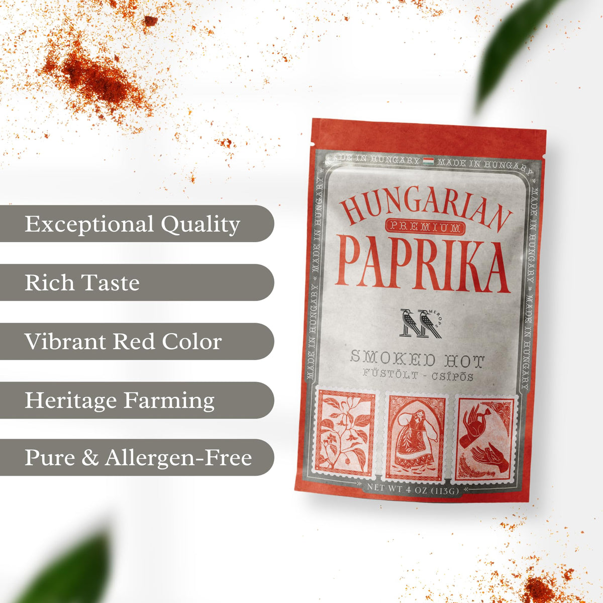 Close-up of MEROPS smoked paprika powder showing deep crimson color.