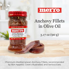 Merro anchovy fillets in olive oil close-up shows firm, flavorful fillets.