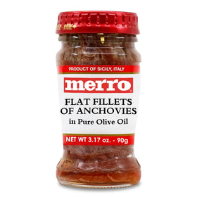 Merro anchovy fillets in olive oil packaging highlights hand-packed Italian quality.