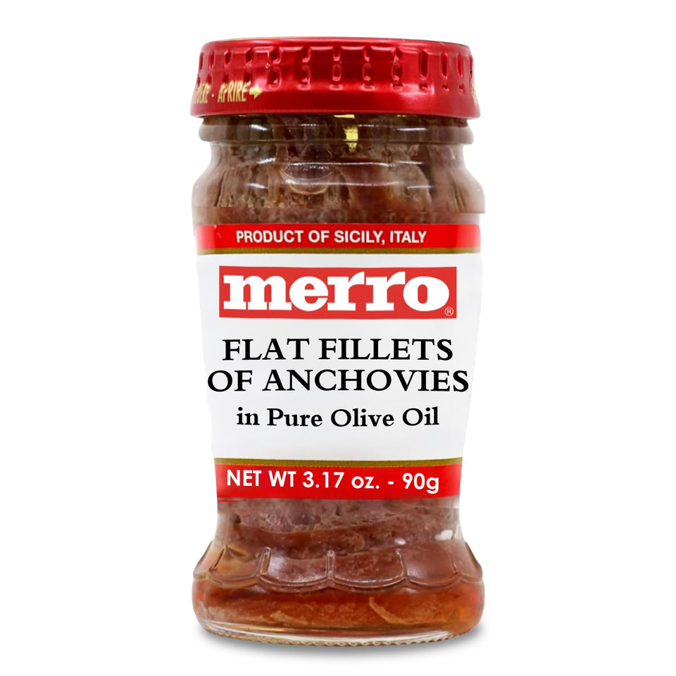 Merro anchovy fillets in olive oil packaging highlights hand-packed Italian quality.