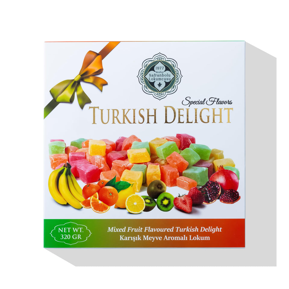 Meşhur Safranbolu Lokumcusu mixed fruit box showcases vibrant flavors for a Mediterranean snack.
