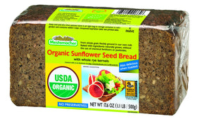 Mestemacher Organic Sunflower Seed Rye Bread slice showing hearty texture and nutty aroma