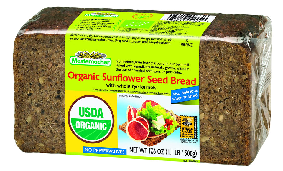Mestemacher Organic Sunflower Seed Rye Bread slice showing hearty texture and nutty aroma
