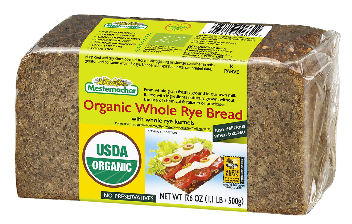 Mestemacher Organic Whole Rye Bread deli slices, great for sandwiches and a hearty fiber option.