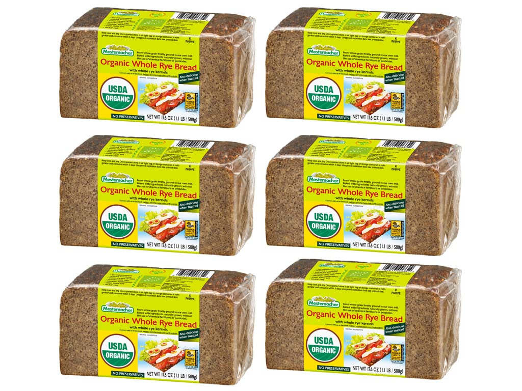 Mestemacher Organic Whole Rye Bread loaf with a dark crust, ideal for toasting.