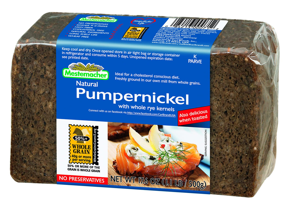 Mestemacher Pumpernickel bread loaf showing whole grains and fiber for a satisfying, balanced meal