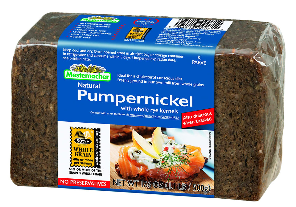 Mestemacher Pumpernickel bread loaf showing whole grains and fiber for a satisfying, balanced meal