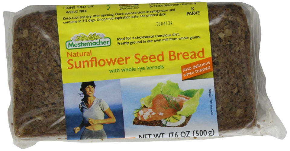 Mestemacher Sunflower Seed Bread 6-pack front view, packaged whole grain loaf