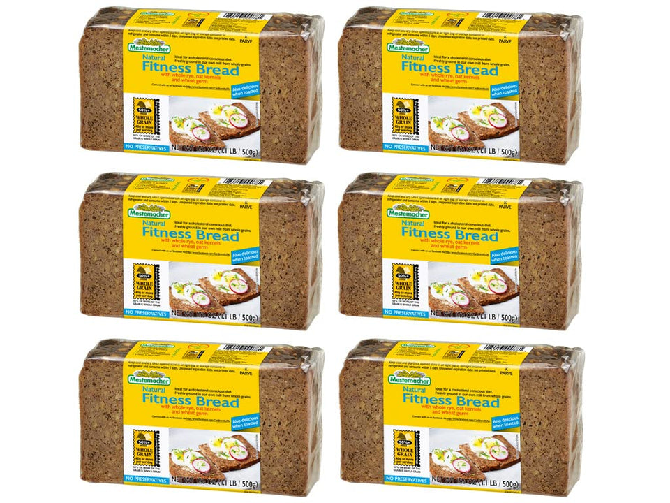 Mestemacher Whole Grain Bread pack of 6 loaves, ideal for versatile meals.
