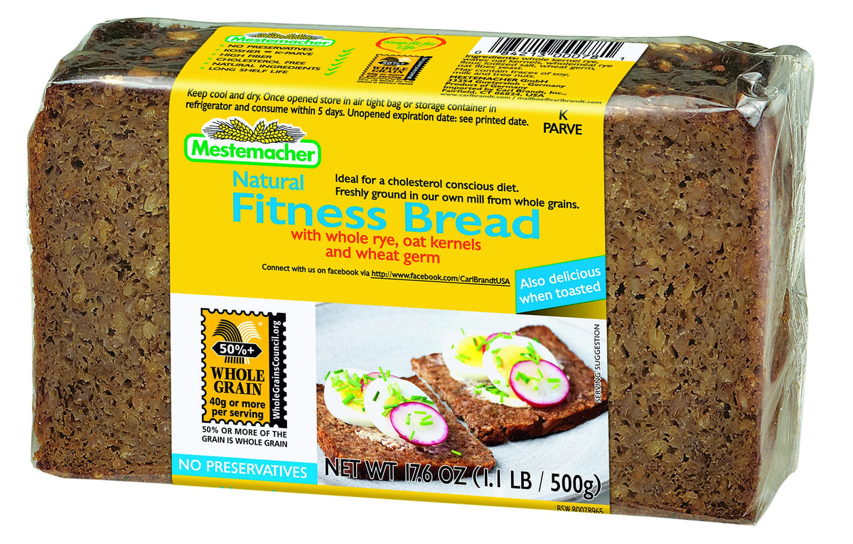 Mestemacher Whole Grain Bread slices toasted on plate, perfect for breakfasts.