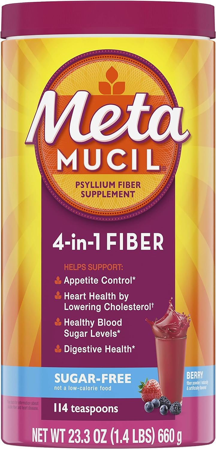 Metamucil Berry Burst jar label highlighting 114 servings for daily fiber goals