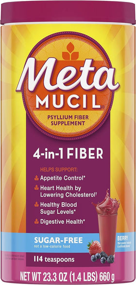 Metamucil Berry Burst jar label highlighting 114 servings for daily fiber goals