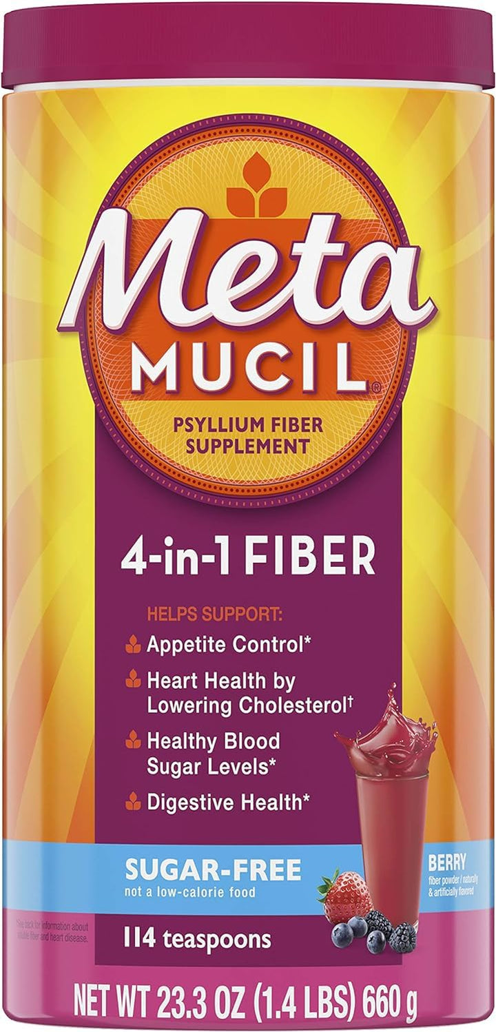 Metamucil Berry Burst jar label highlighting 114 servings for daily fiber goals
