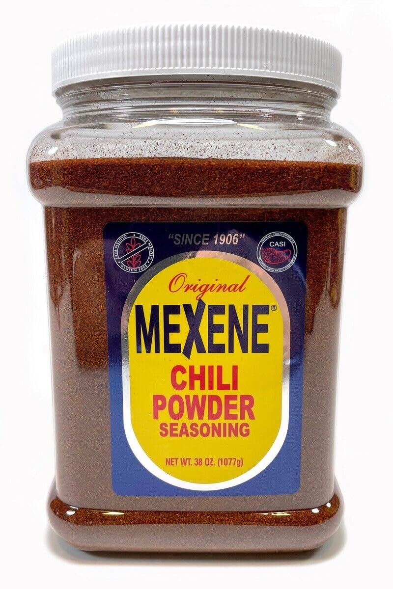Mexene chili powder bottle pour showing authentic Texas chili flavor.