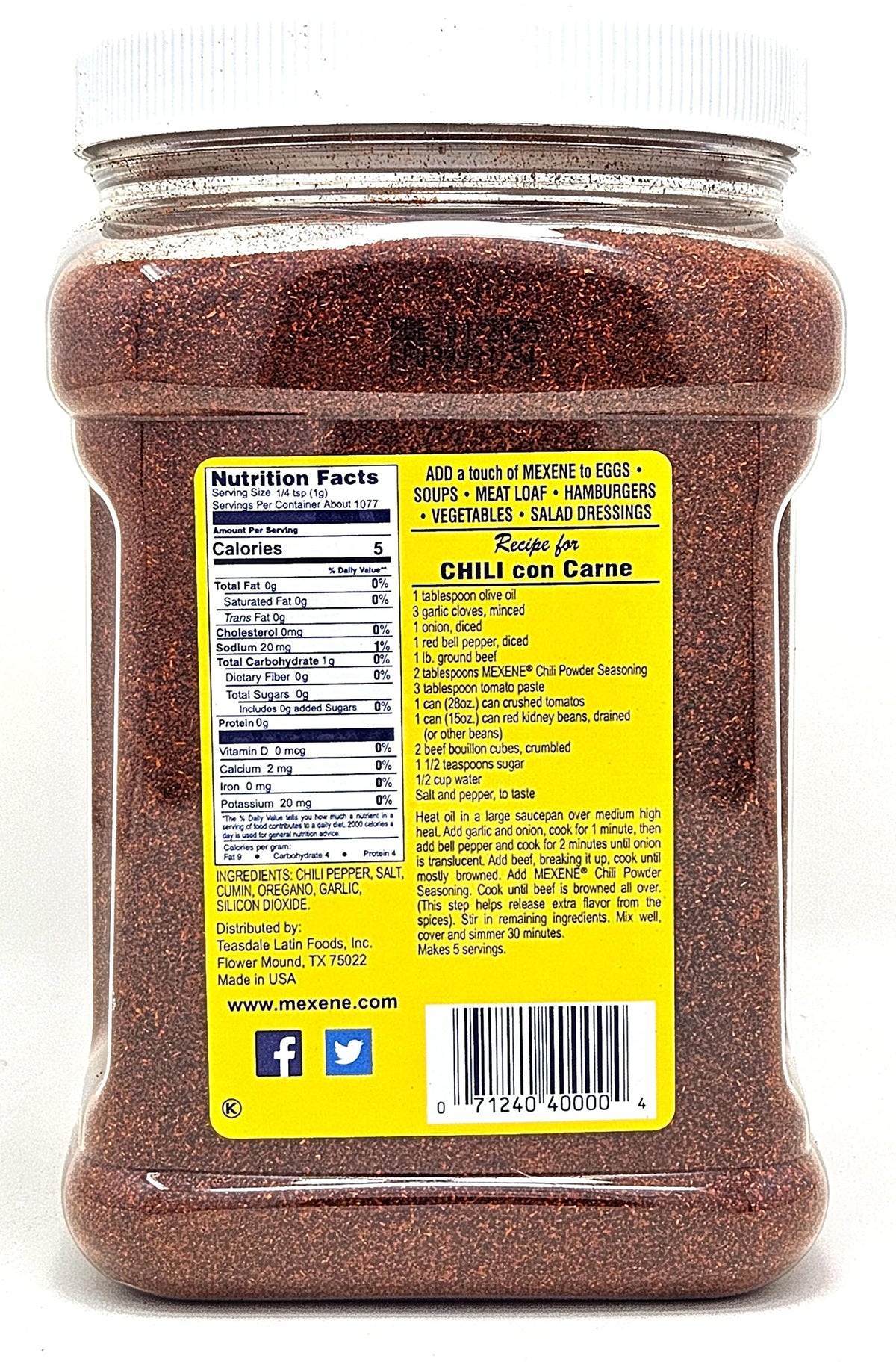 Close-up of Mexene chili powder label highlighting traditional seasoning blend.