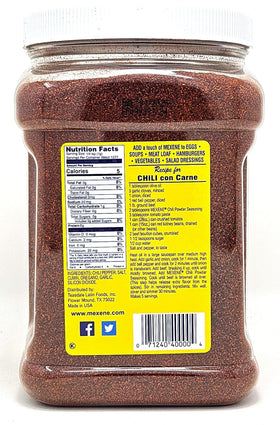 Close-up of Mexene chili powder label highlighting traditional seasoning blend.