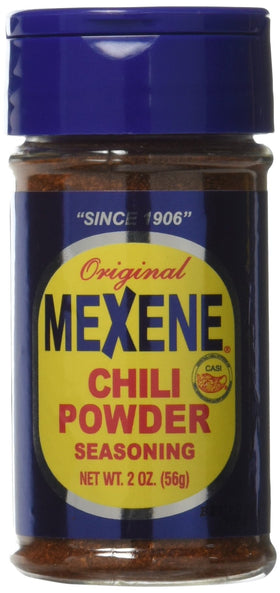 Mexene Original Chili Powder 2oz pack front view, pantry-ready seasoning for quick meals