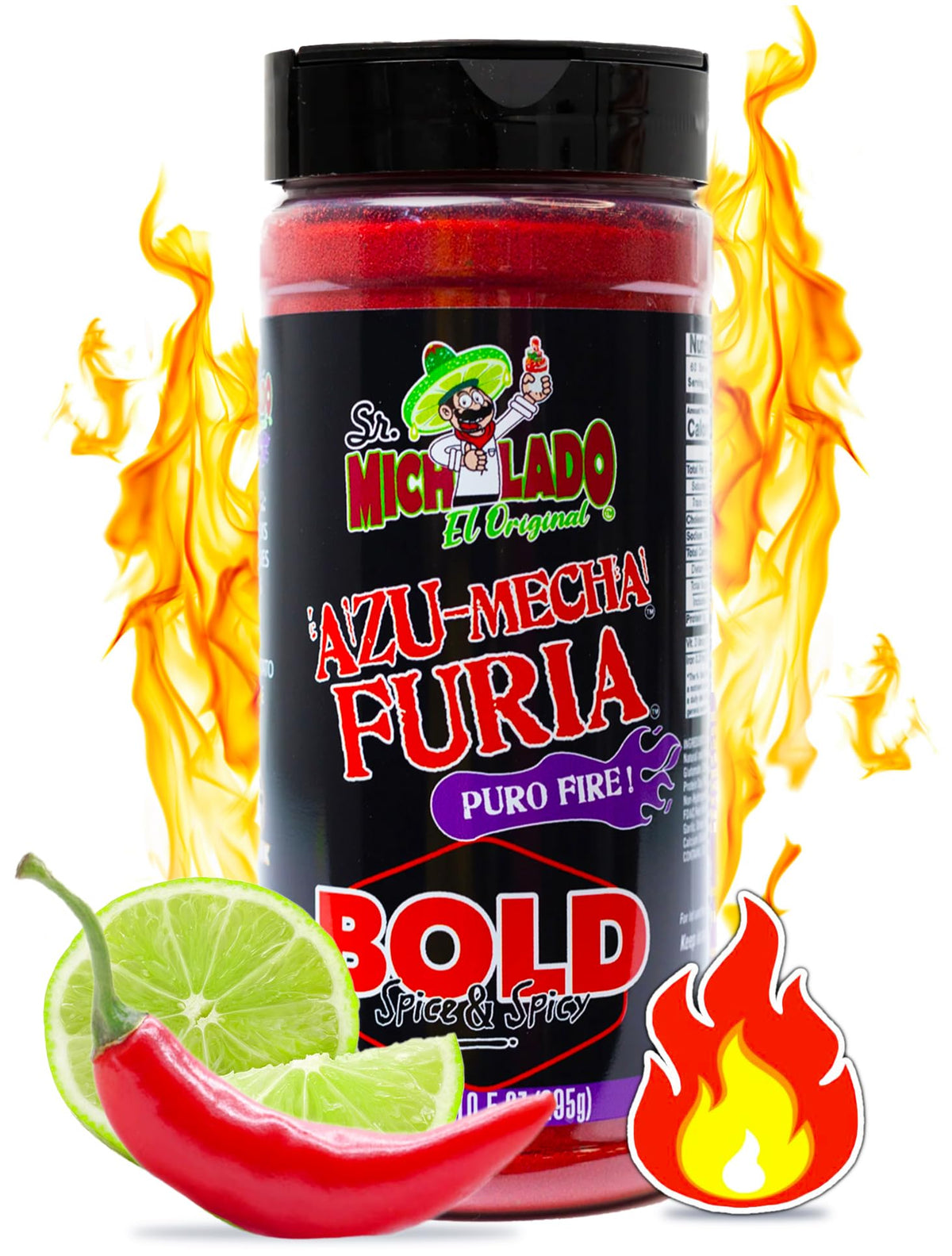 Mexgrim Bold Fuego Powder Dust jar showing bold chili lime seasoning for snacks