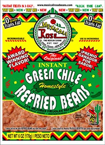 Mexicali Rose green chile refried beans in a 7oz pouch for quick, homestyle meals.