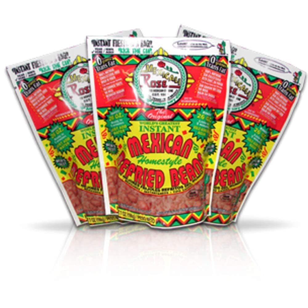Mexicali Rose pack-shot: three 7oz cans of instant refried beans.