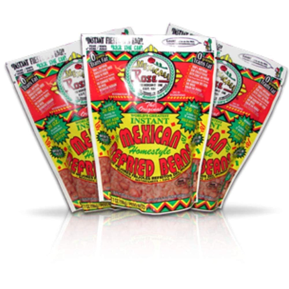 Mexicali Rose pack-shot: three 7oz cans of instant refried beans.
