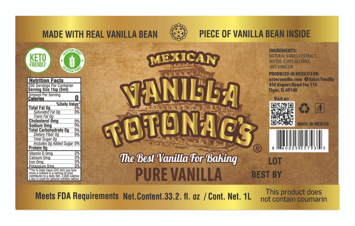 Mexican Vanilla Totonacs bottle label close-up highlighting gluten-free and Non-GMO attributes