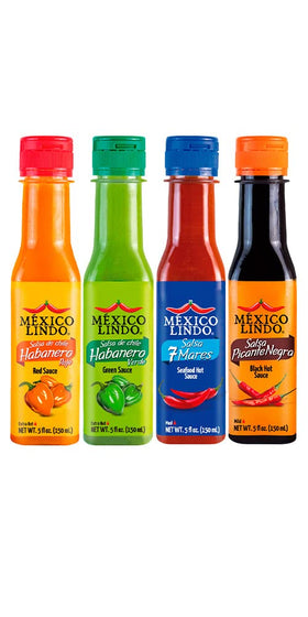 Mexico Lindo variety pack bottles display a four-sauce lineup for diverse flavors.