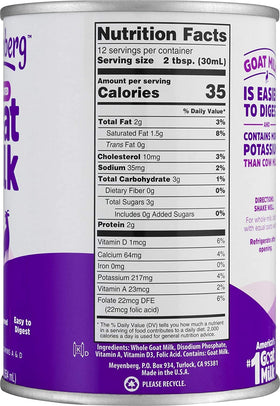 Meyenberg evaporated goat milk 12 oz pack for easy storage and recipe prep.