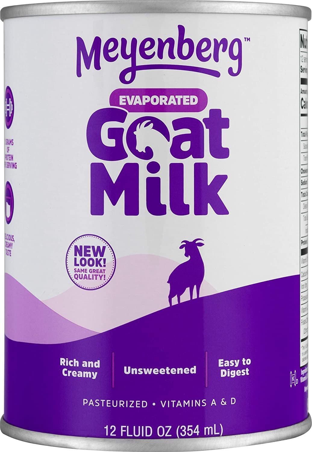 Meyenberg evaporated goat milk bottle with Vitamin D for versatile everyday use.