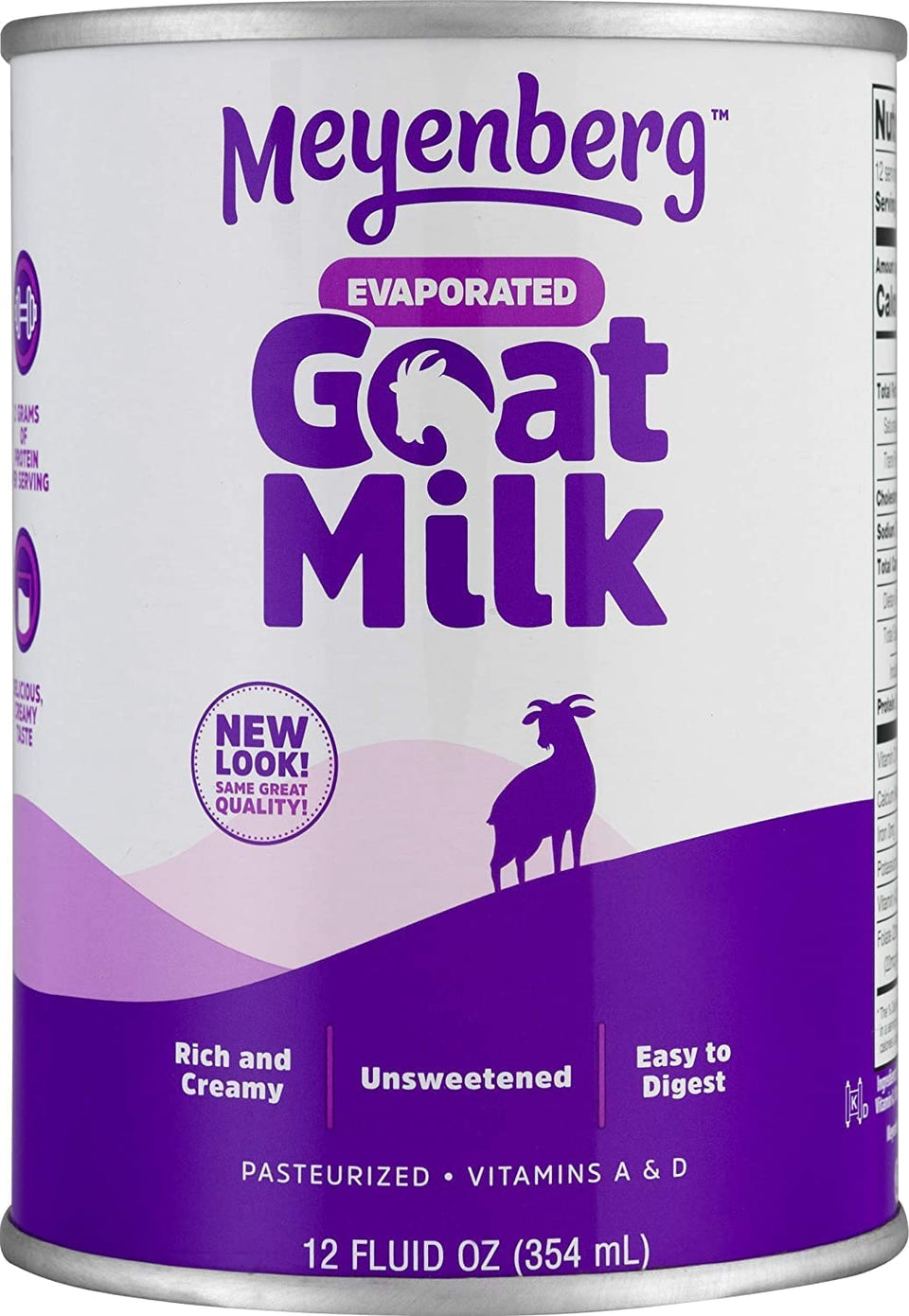 Meyenberg evaporated goat milk bottle with Vitamin D for versatile everyday use.