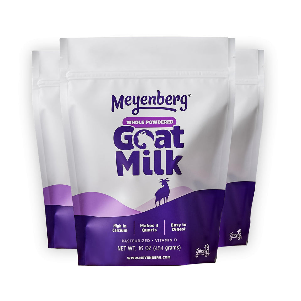 Meyenberg goat milk powder front label highlights premium quality for everyday use.