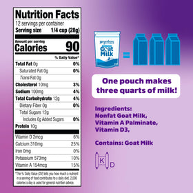 Meyenberg nonfat powdered goat milk in glass ready-to-use beverage