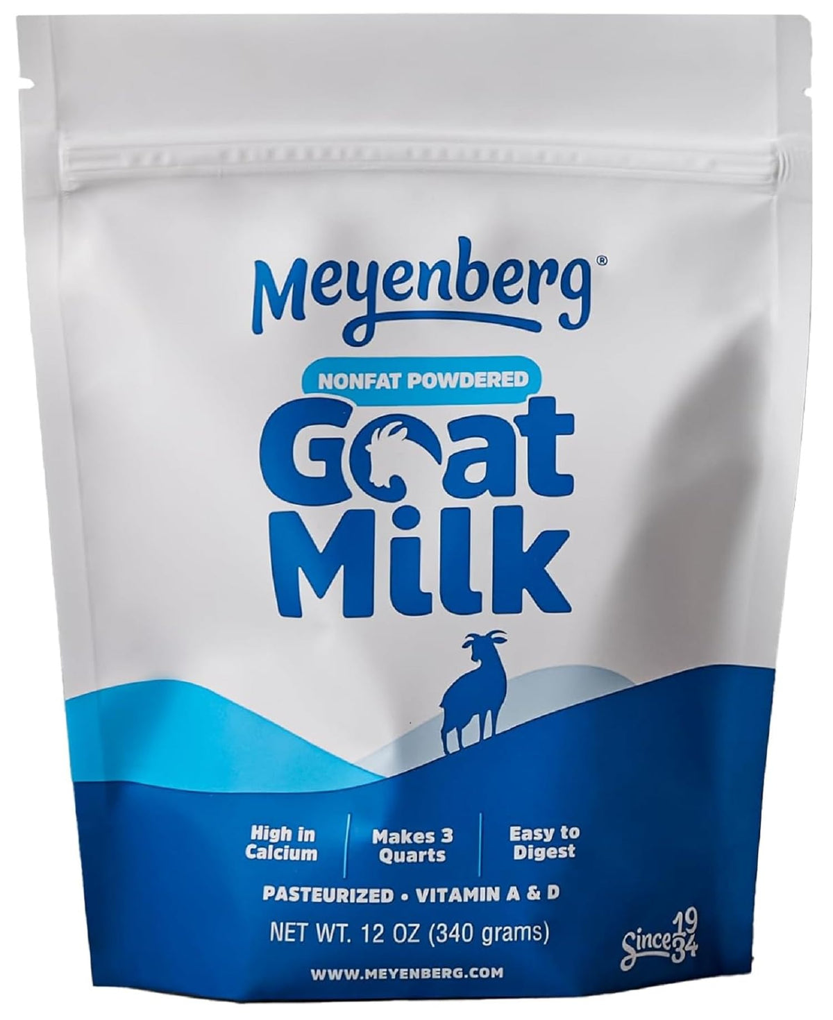 Meyenberg nonfat powdered goat milk packaging showing shelf-stable dairy option