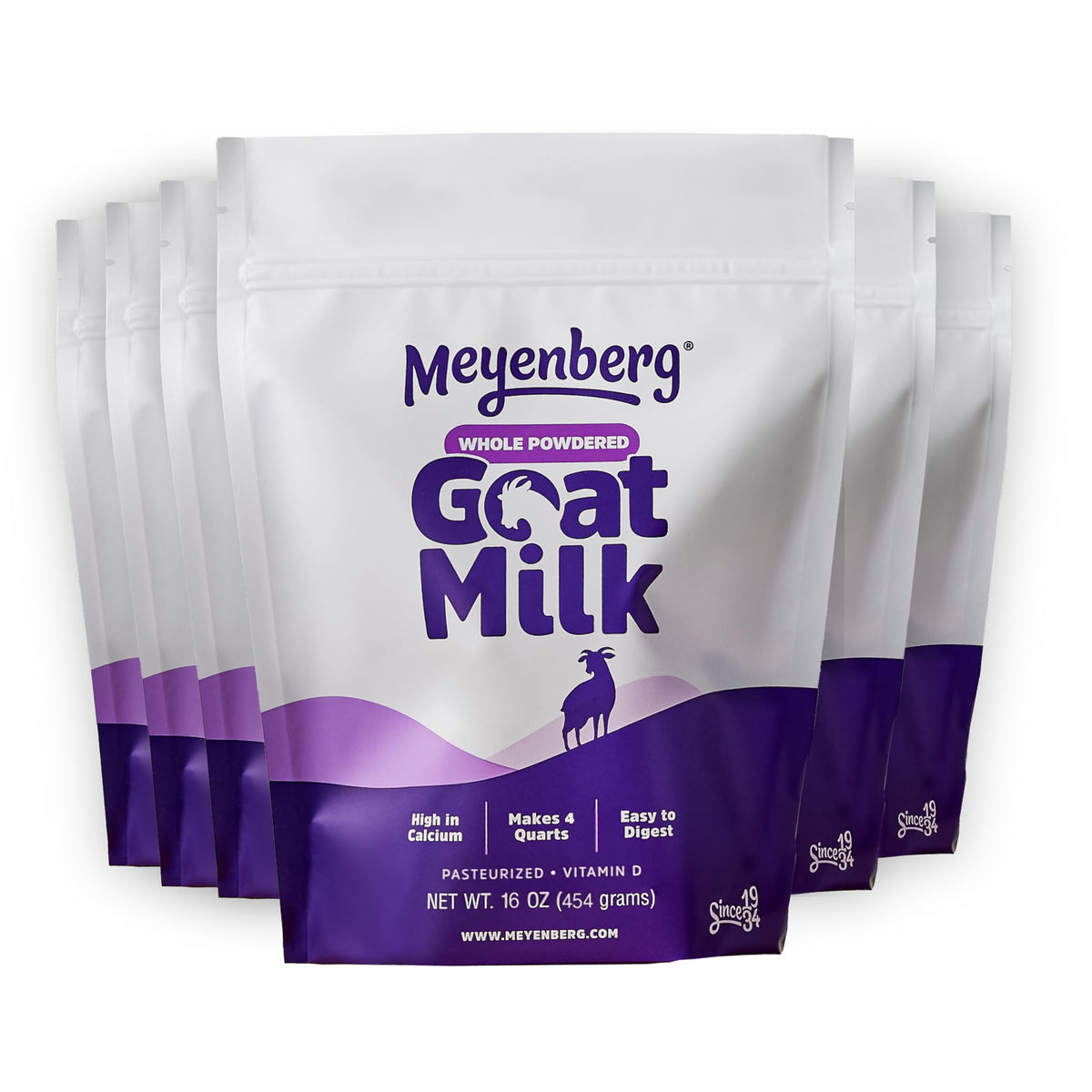 Meyenberg whole powdered goat milk 16oz pouch on pantry shelf for easy use