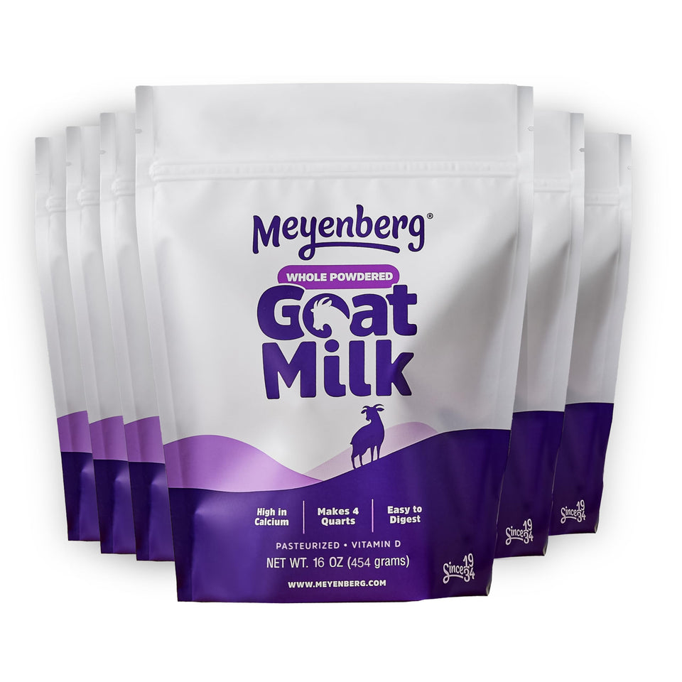 Meyenberg whole powdered goat milk 16oz pouch on pantry shelf for easy use