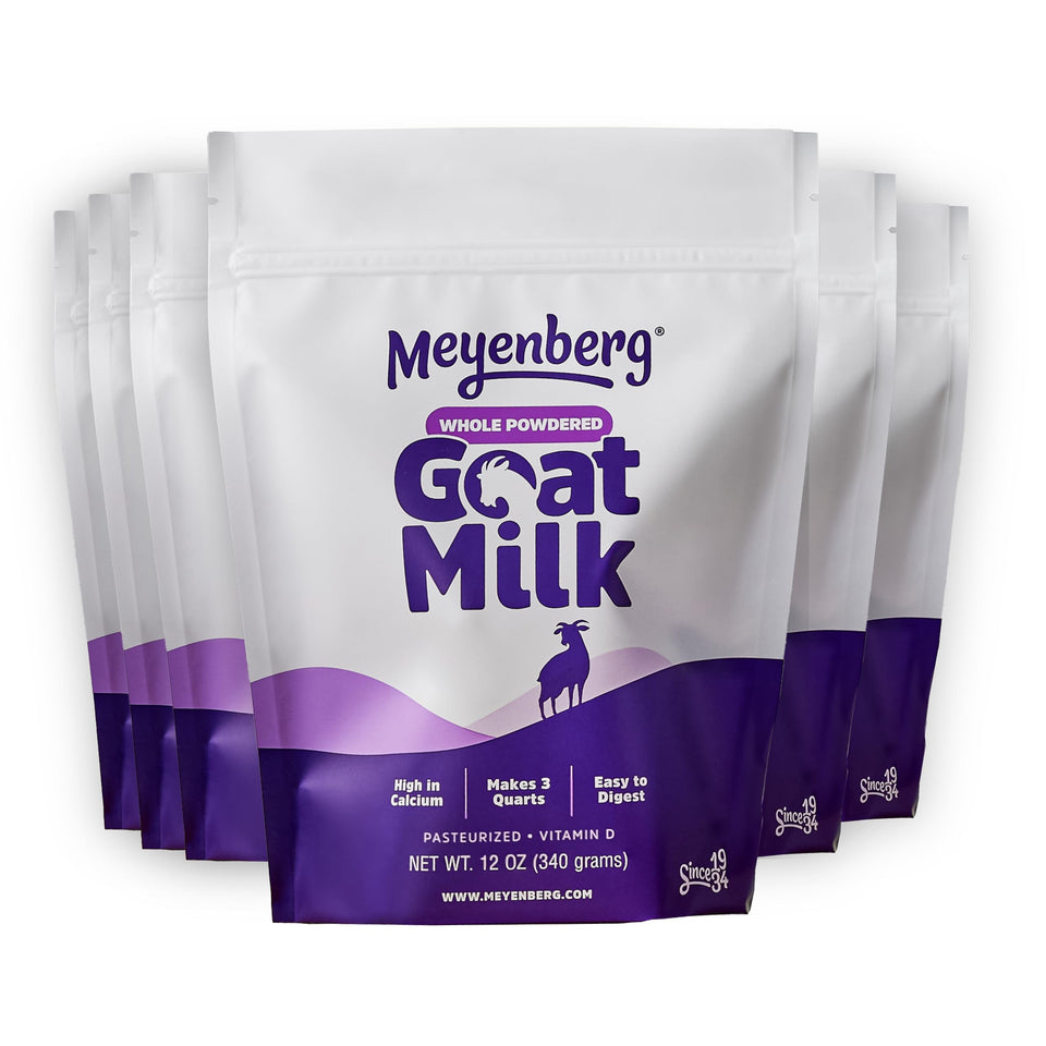 Meyenberg goat milk powder pouch front view, 12oz, ready for versatile milk beverages.