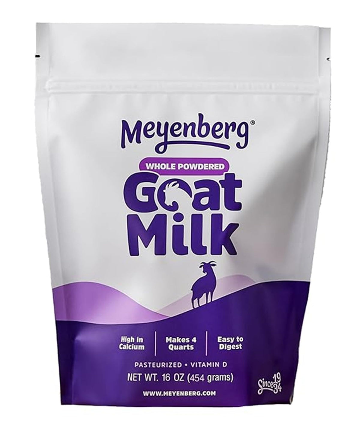 Meyenberg whole powdered goat milk pouch front view for versatile dairy use