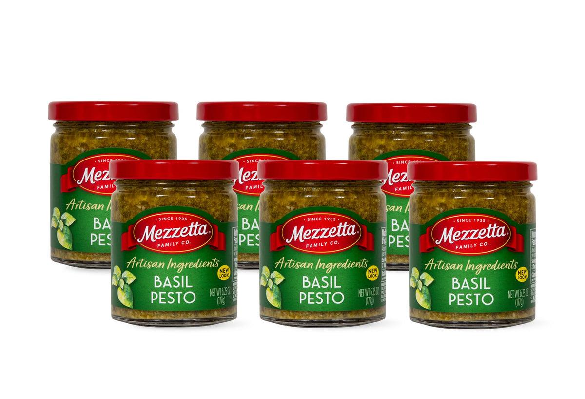 Mezzetta Basil Pesto Genovese jar showing fresh basil and pine nuts for pasta