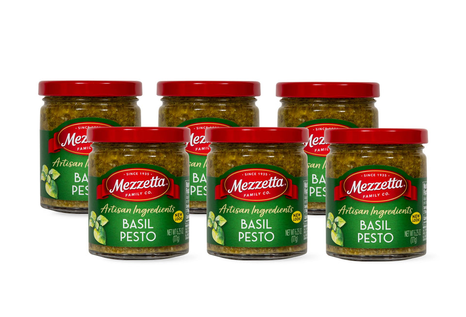 Mezzetta Basil Pesto Genovese jar showing fresh basil and pine nuts for pasta